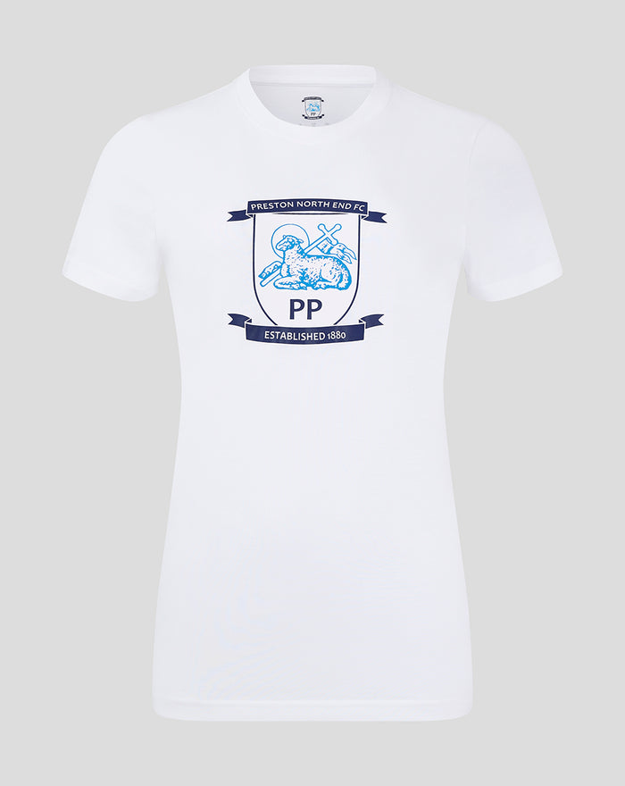 White women's Core Crest T shirt with large blue Preston North End crest centered on chest.