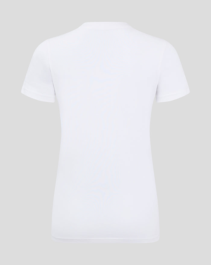 Back view of white women's core cotton T shirt with ribbed crew neck