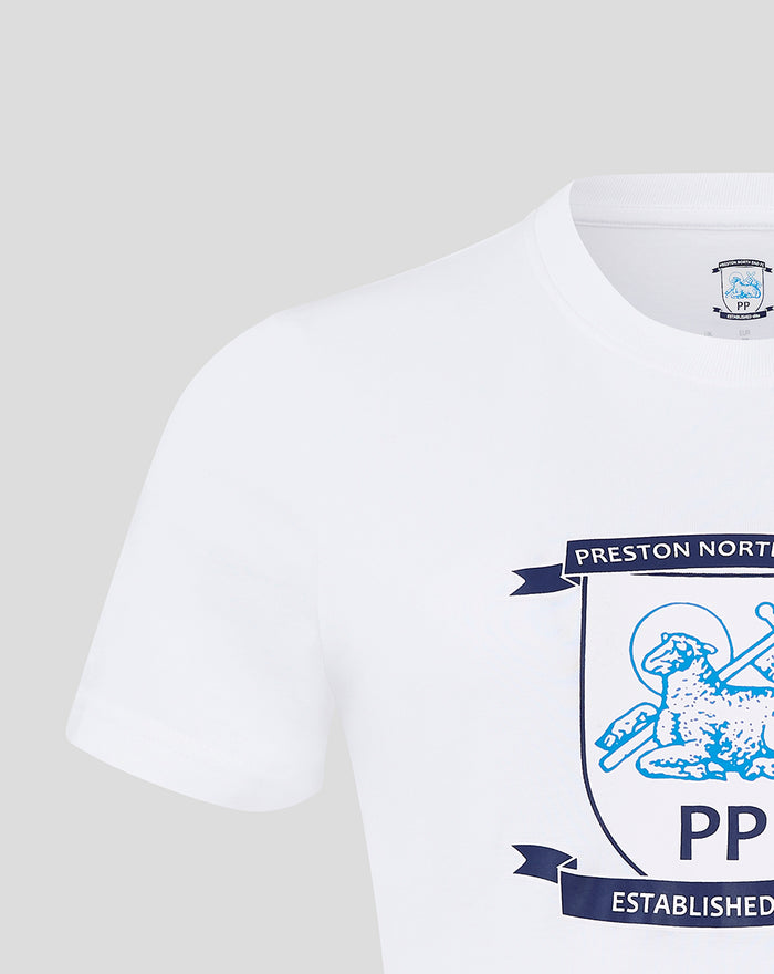 Close-up of white Crest T shirt showing ribbed crew neck and front crest print.