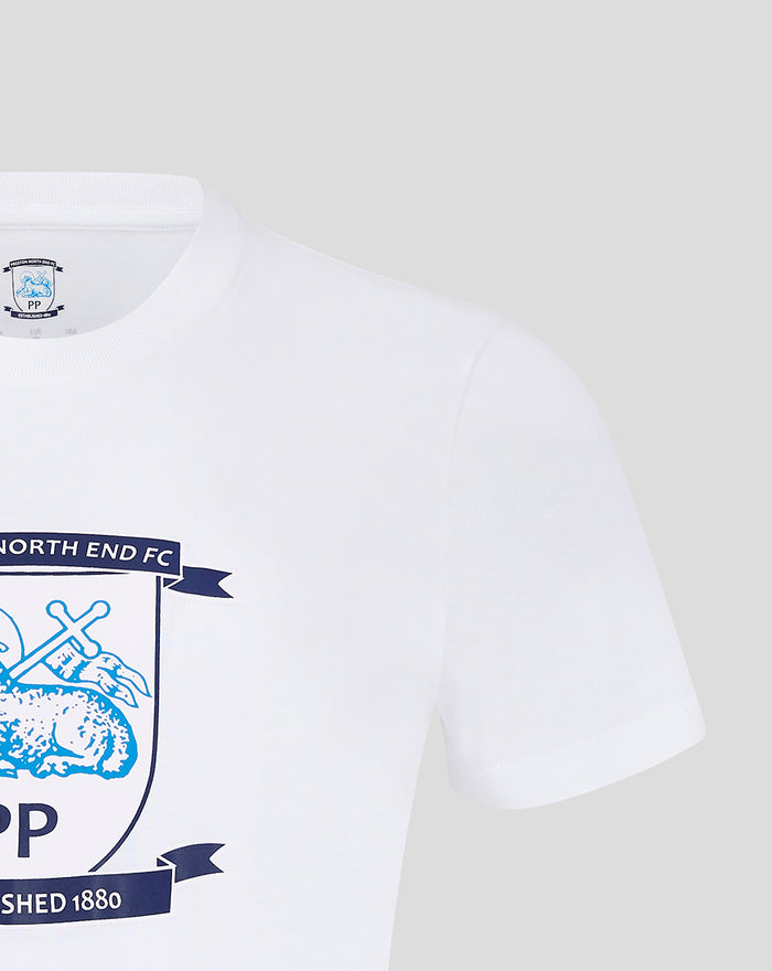 Shoulder and chest detail of white Preston North End Crest T shirt with crest graphic.
