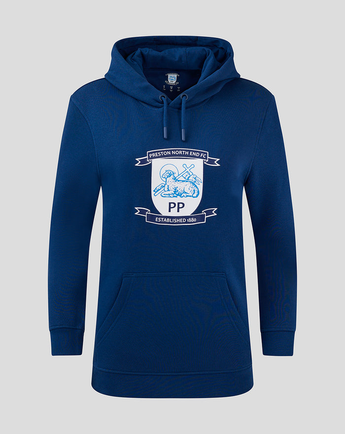 Front view of a navy women's core hoodie with a chest crest drawstring hood and front kangaroo pocket