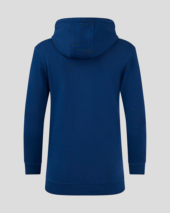 Back view of navy core hoodie with hood down and long sleeves