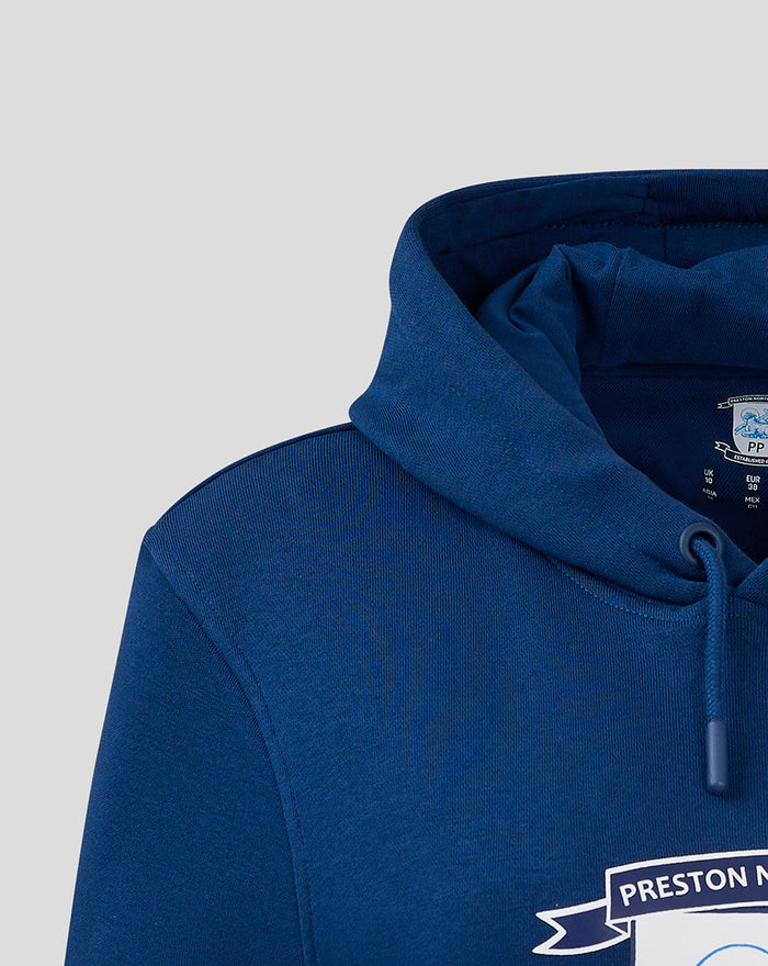 Navy women's core hoodie close up showing hood and centre chest crest logo