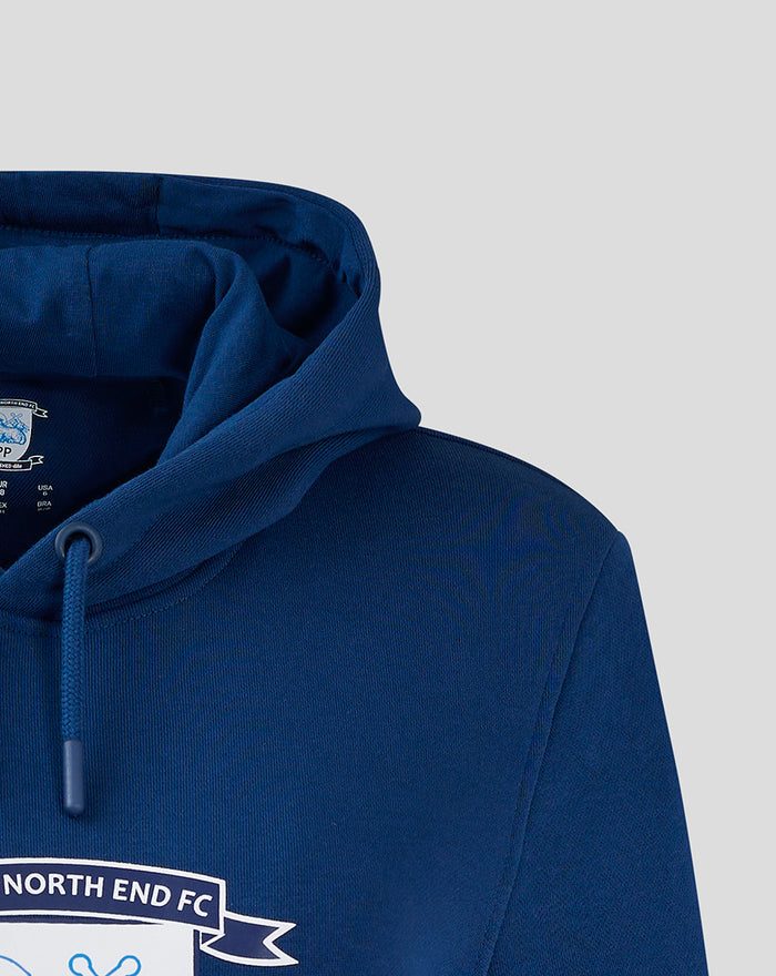 Navy core hoodie close up of hood with drawcord and inner neck crest label