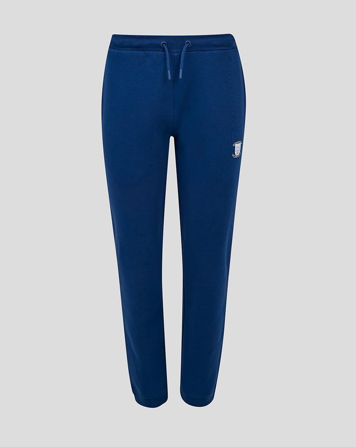 Front view of navy women's core joggers with drawstring waist and crest on the thigh
