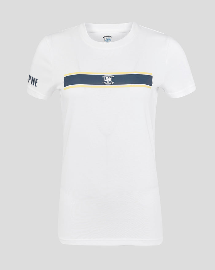 White women's classic cotton T shirt with navy chest stripe edged in yellow and club crest at center