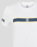 Chest close up of white T shirt showing navy stripe with yellow edges and central club crest