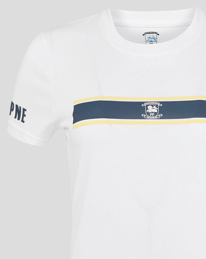 Chest close up of white T shirt showing navy stripe with yellow edges and central club crest
