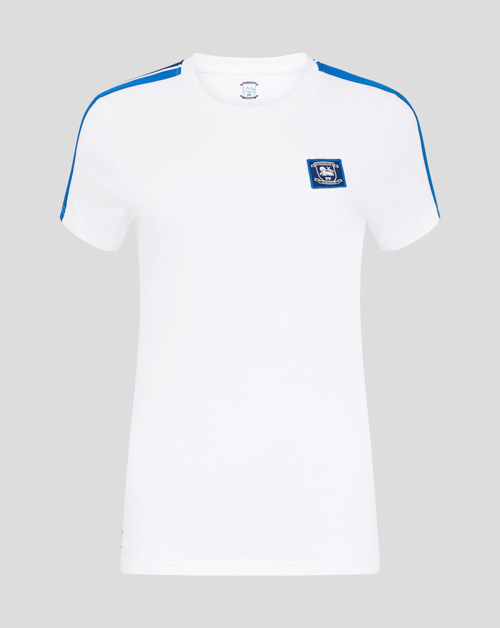 White women's classic cotton T shirt with blue shoulder piping and crest badge on chest