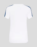 Back view of a white T-shirt with blue piping along the shoulder seams.