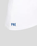 White Women's Classic Cotton T-Shirt with blue lettering near the hem.