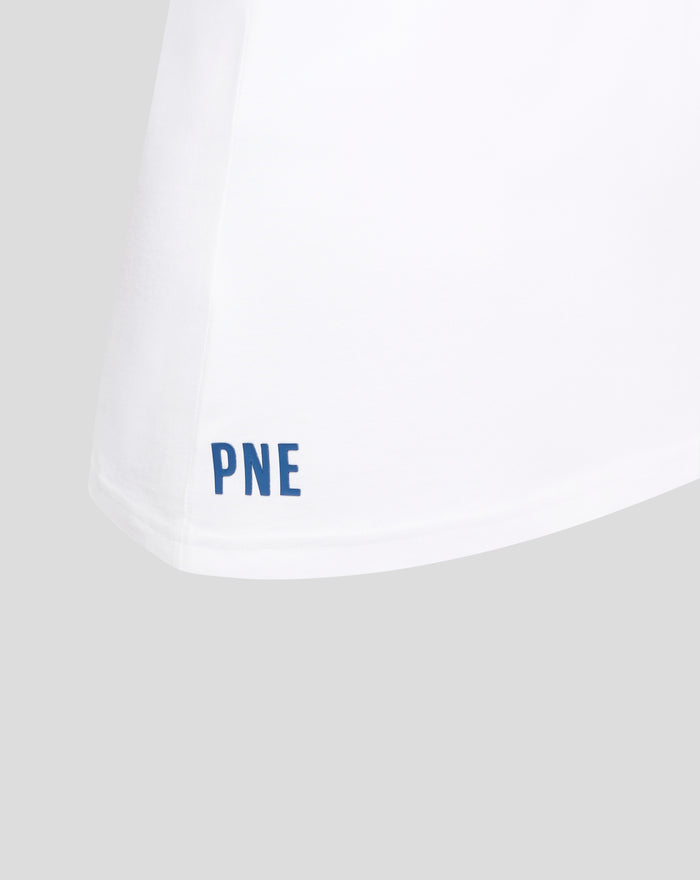 White Women's Classic Cotton T-Shirt with blue lettering near the hem.