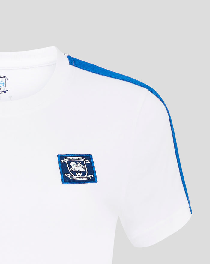 Detail of blue shoulder piping on a white women's cotton T shirt