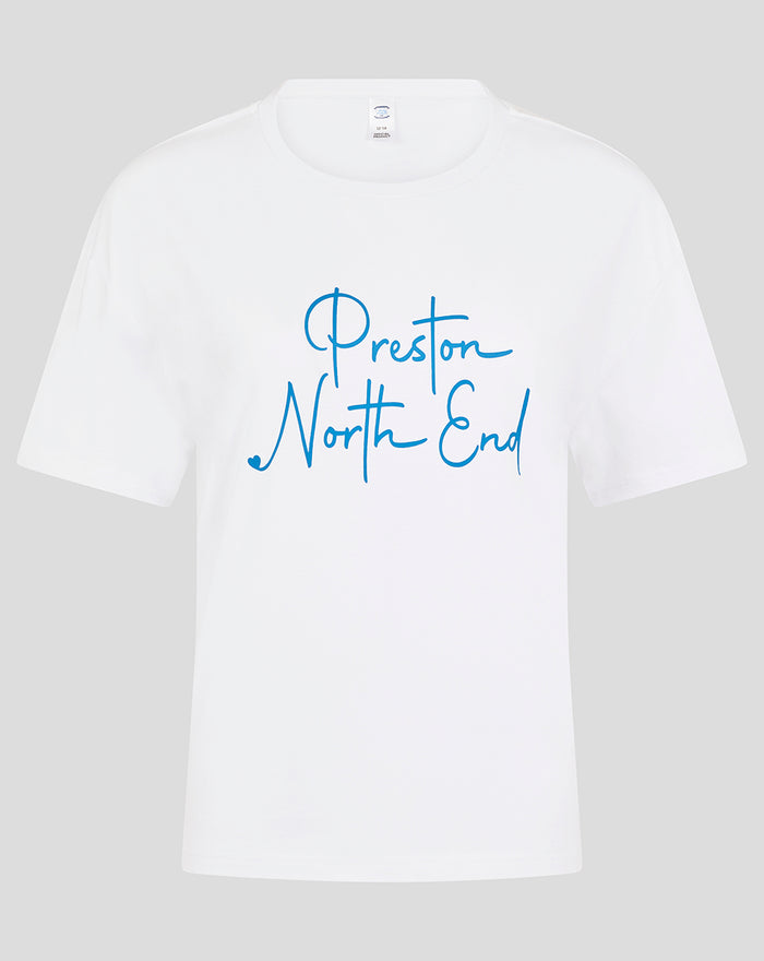White women's short pajama top featuring a blue Preston North End script logo on the front.