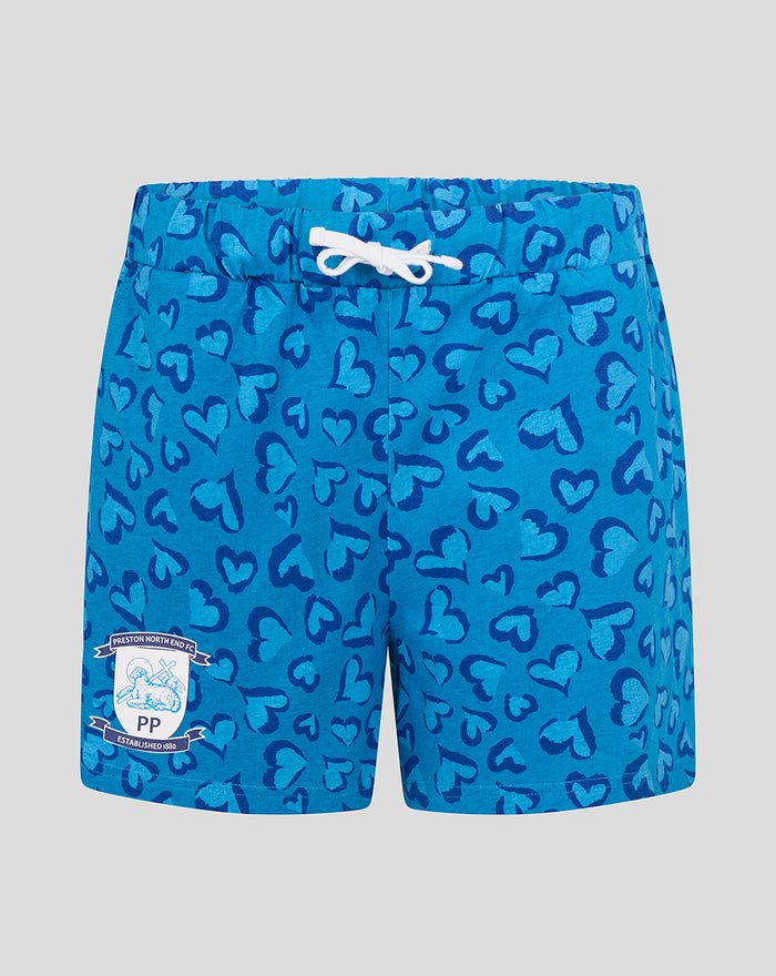 Blue pajama shorts with allover heart pattern and white drawstring, featuring a crest patch.
