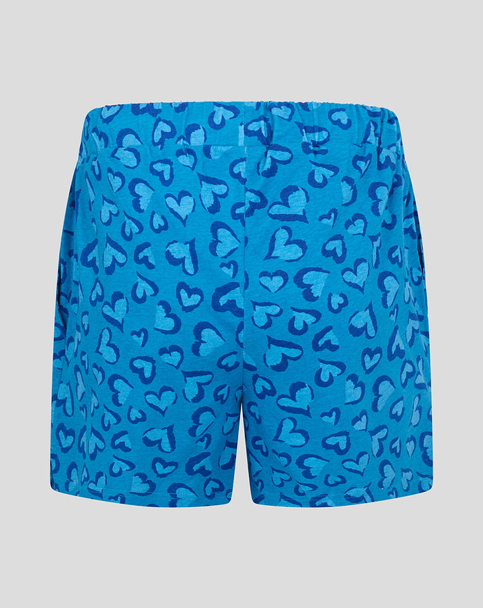 Back view of blue heart print pajama shorts with a white drawstring.