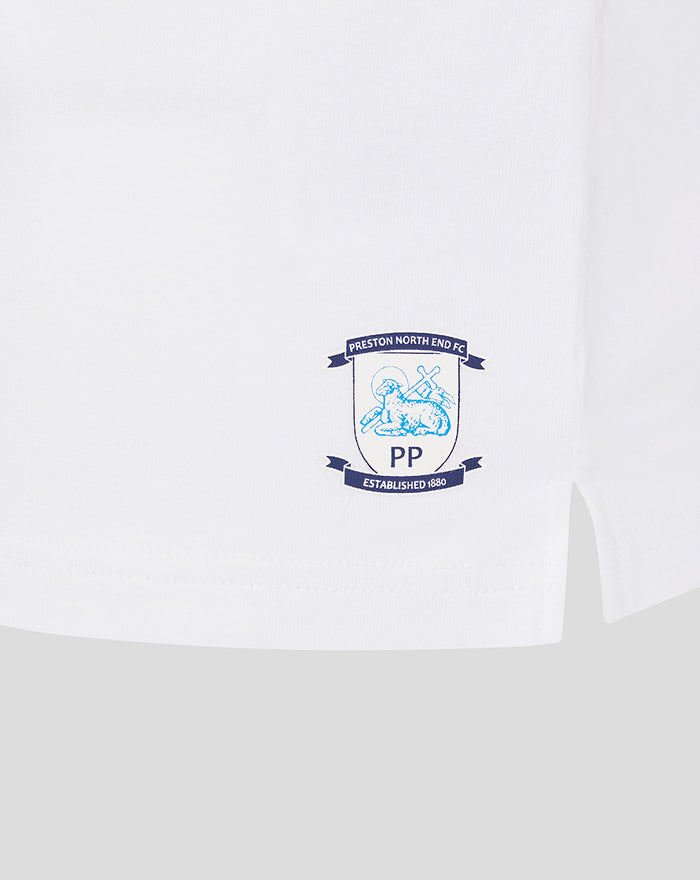 Close-up of the Preston North End badge printed near the hem on white fabric