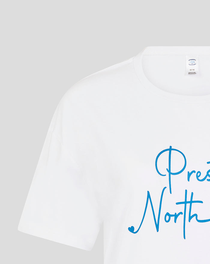 White short sleeve tee with blue Preston North End script across the chest
