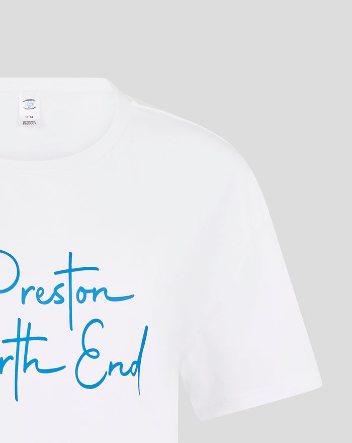 White T shirt close-up showing the Preston North End crest on the chest area