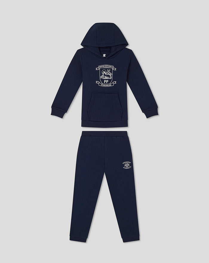 Navy infant sweat set with hooded sweatshirt and matching joggers featuring a white crest emblem