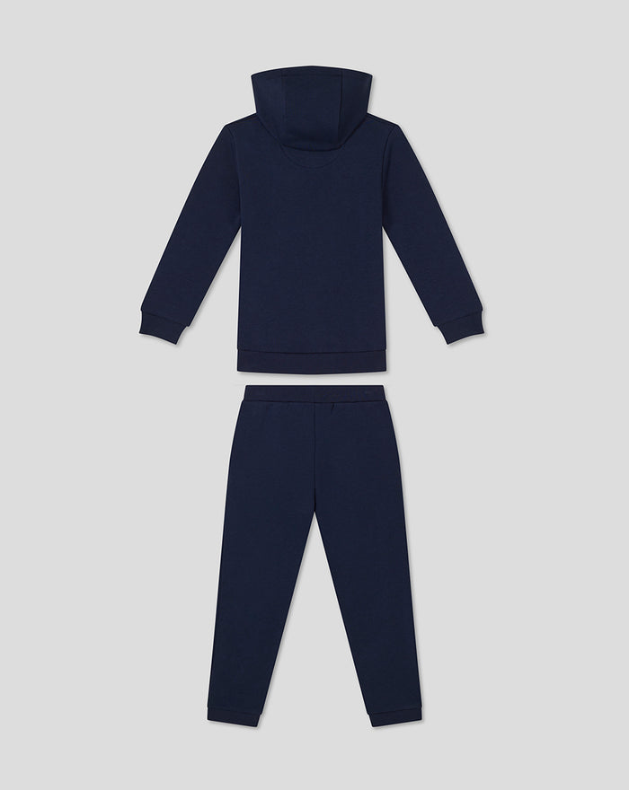 Navy infant sweat set with hooded top and matching jogger pants laid flat.