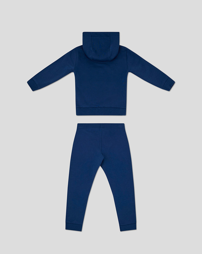 Back view of navy infant sweat set with hooded top and matching pants