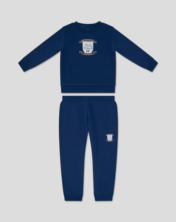 Navy Preston Core infant sweat set with crest emblem on chest and coordinating pants.