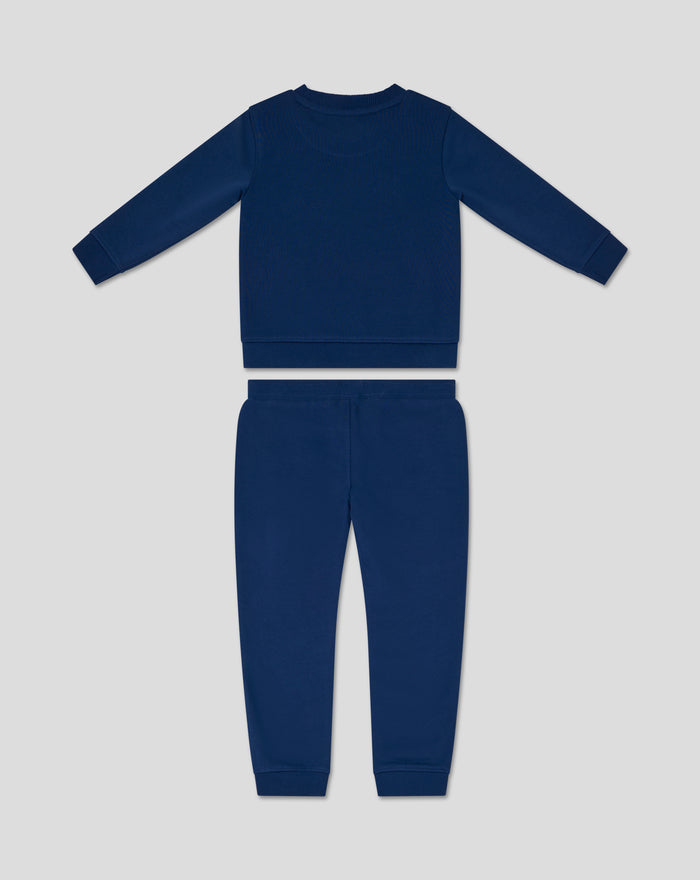 Navy blue PRESTON CORE infant sweat set with a long sleeve top and matching pants laid flat