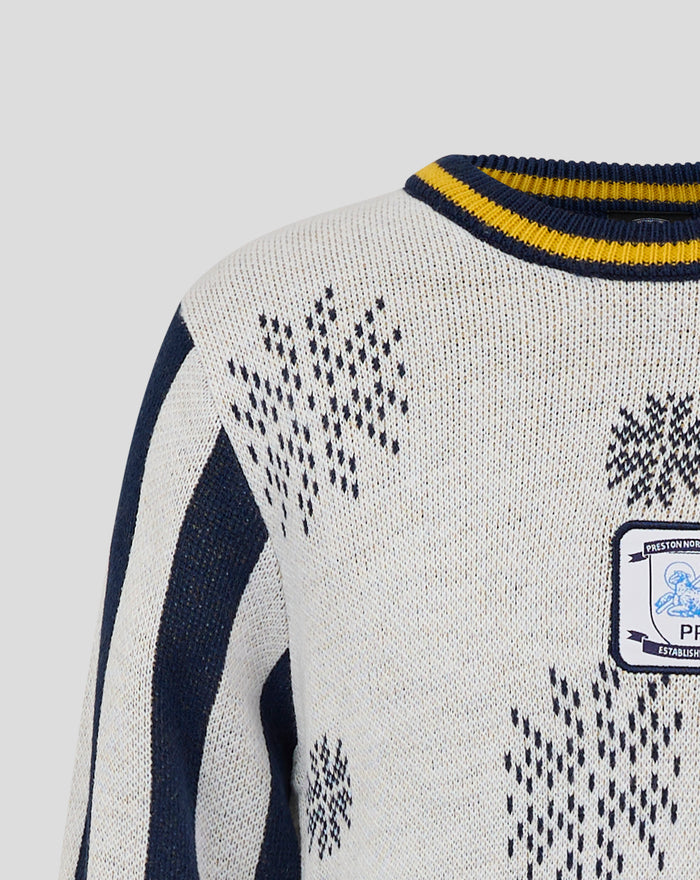 Back view of junior Christmas jumper showing a navy and yellow striped ribbed neckline.