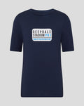 Navy unisex street sign tee with a white rounded logo reading Deepdale Stadium PR1 Home of Preston North End
