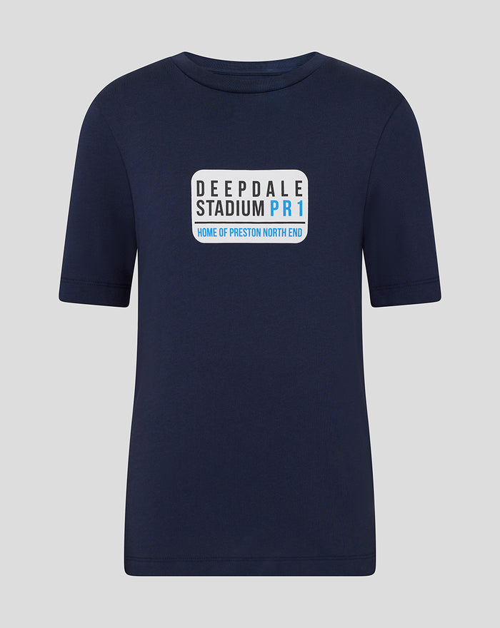 Navy junior street sign tee with white Deepdale Stadium PR1 chest graphic and Preston North End branding