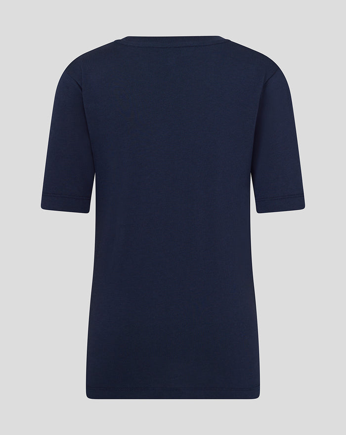 Back view of navy unisex street sign tee with a clean minimalist look.
