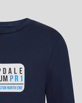 Detail shot of navy junior street sign tee chest graphic with rounded white sign and blue PR1 text