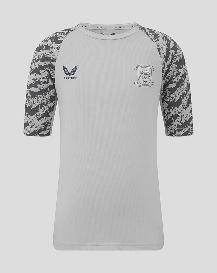 Grey junior training tee with camouflage sleeves and Castore logo plus club crest on the chest