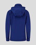 Front view of blue junior training packable hood shower jacket with zip closed and chest crest.