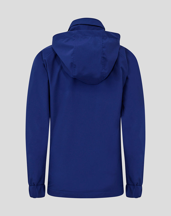 Front view of blue junior training packable hood shower jacket with zip closed and chest crest.