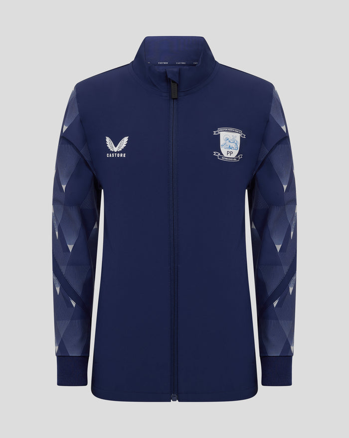 Front view of navy junior matchday jacket with Preston North End FC crest on left chest and Castore logo on right; full zip.