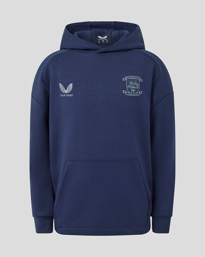Navy junior travel overhead hoodie with Preston North End crest on the chest and Castore logo nearby