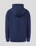 Back view of navy junior travel hoodie with hood up.