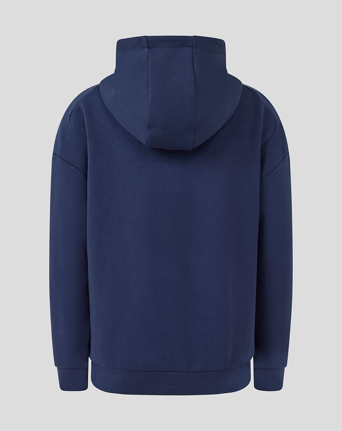 Back view of navy junior travel hoodie with hood up.