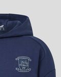 Close-up of navy junior travel hoodie showing Preston North End crest on left chest.