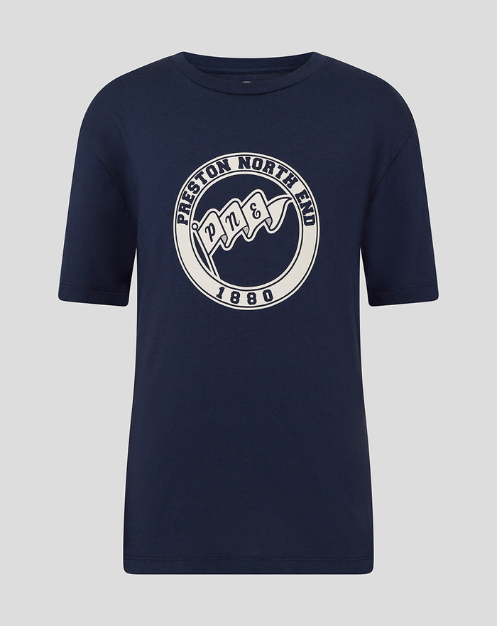 Navy unisex T shirt with a large Preston North End crest graphic on the chest.