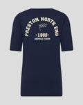 Rear view of navy OS tee with bold white Preston North End crest and 1800 Deepdale Stadium typography.