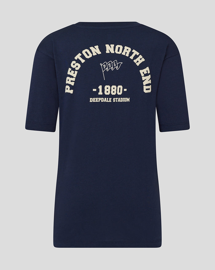 Rear view of navy OS tee with bold white Preston North End crest and 1800 Deepdale Stadium typography.