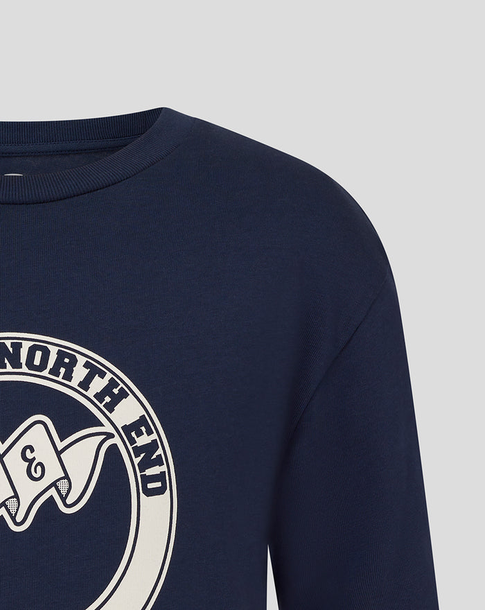 Back view of navy T shirt featuring a large white circular Preston North End crest on the upper back.