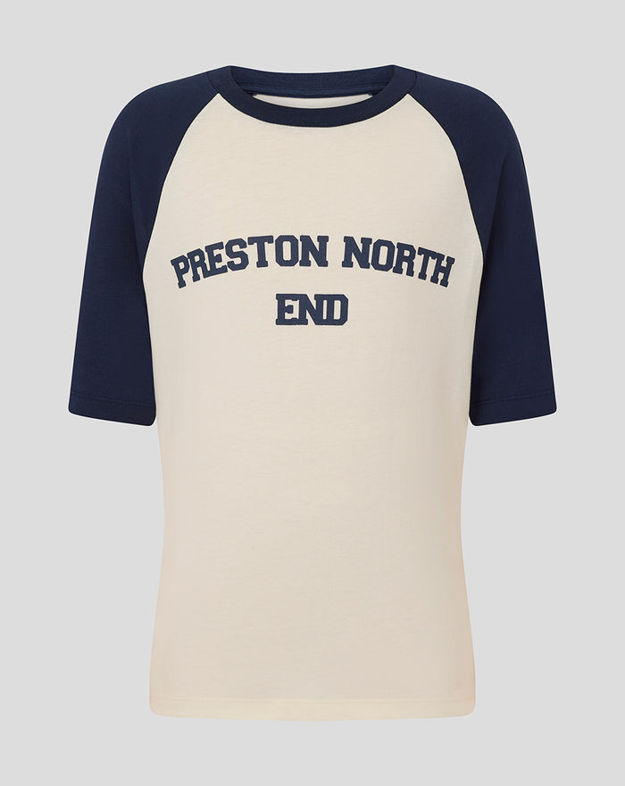 Cream raglan T shirt with navy sleeves and an arched Preston North End logo on the front.