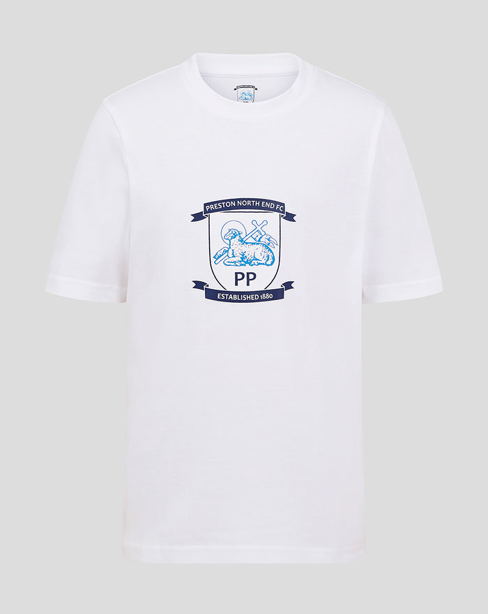 White Junior Core Crest T Shirt with blue crest logo centered on the chest.