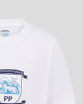 Close up of the crest print on a white T shirt showing the Preston North End shield and PP initials.