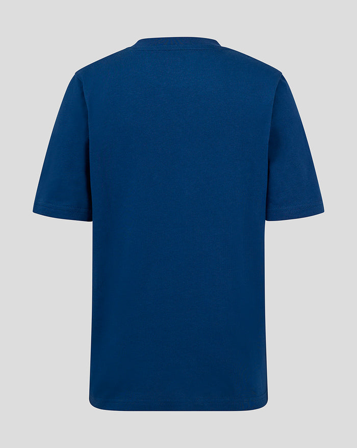 Rear view of navy junior crest t shirt with plain back