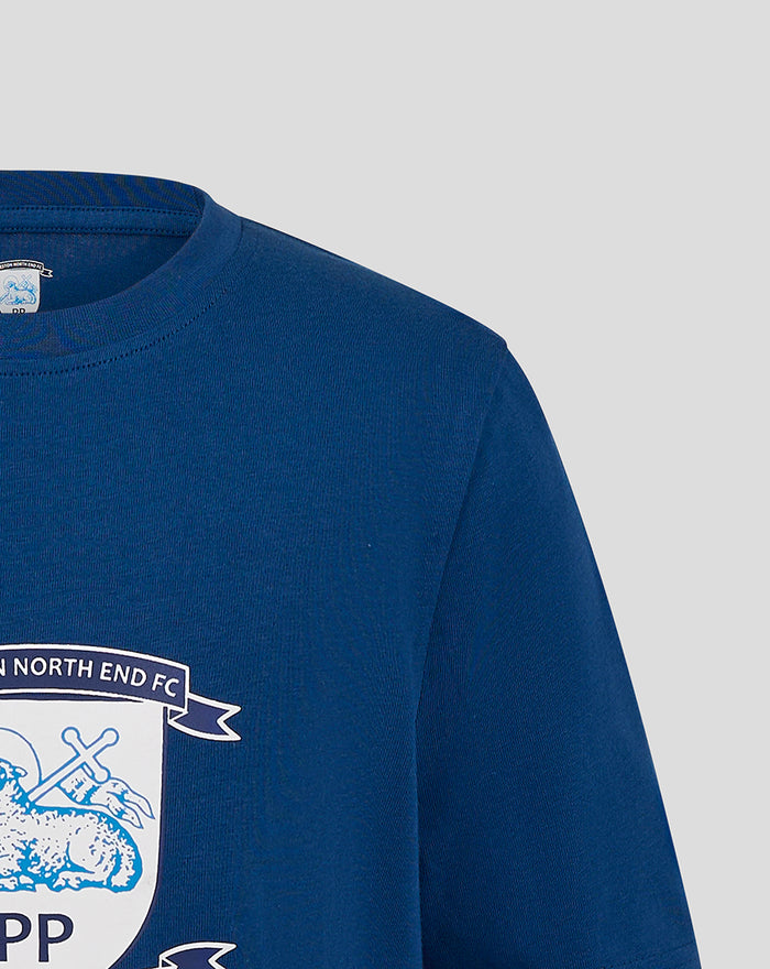 Front close up of navy junior crest t shirt displaying the club crest graphic on the chest